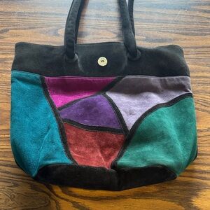 Vintage Stuart Weitzman Patchwork Suede Tote Bag in Teal, Purple & Black